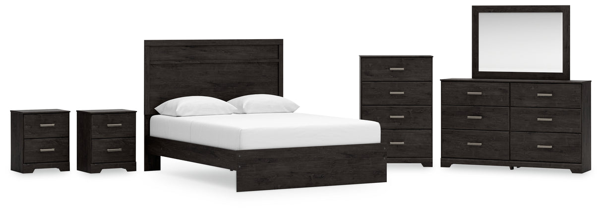 Belachime Queen Panel Bed with Mirrored Dresser, Chest and 2 Nightstands in Charcoal - PKG018395