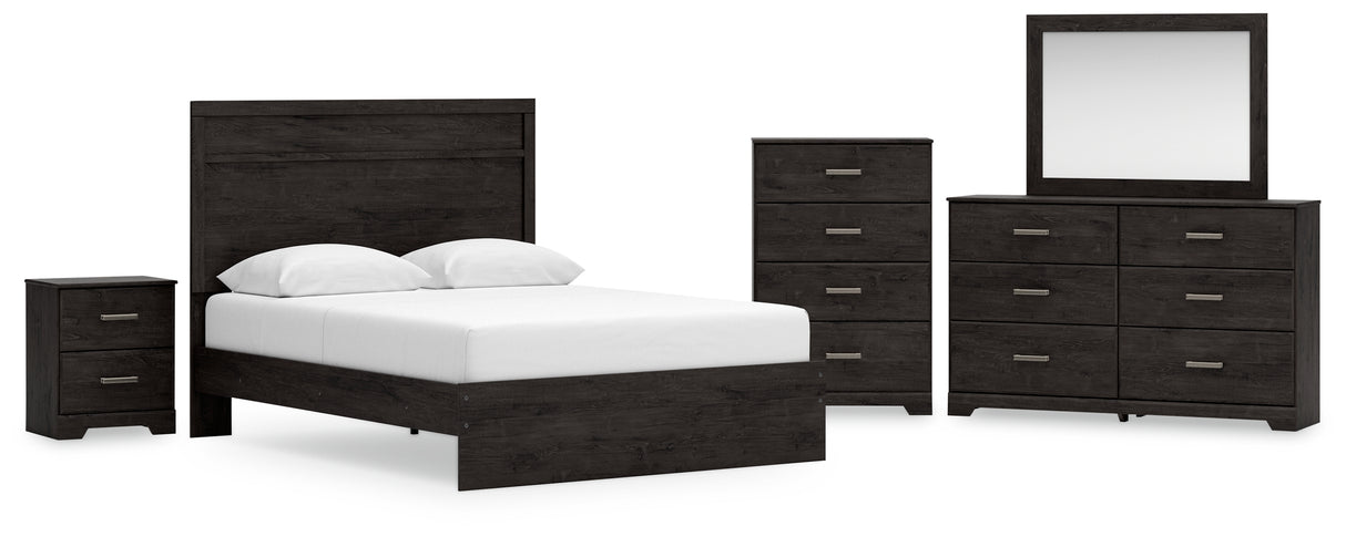 Belachime Queen Panel Bed with Mirrored Dresser, Chest and Nightstand in Charcoal - PKG018398