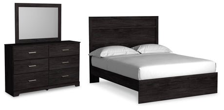 Belachime Queen Panel Bed with Mirrored Dresser in Charcoal - PKG018393