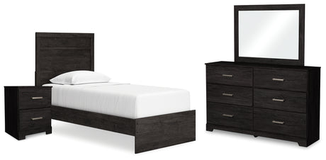 Belachime Twin Panel Bed with Mirrored Dresser and 2 Nightstands in Charcoal - PKG015998