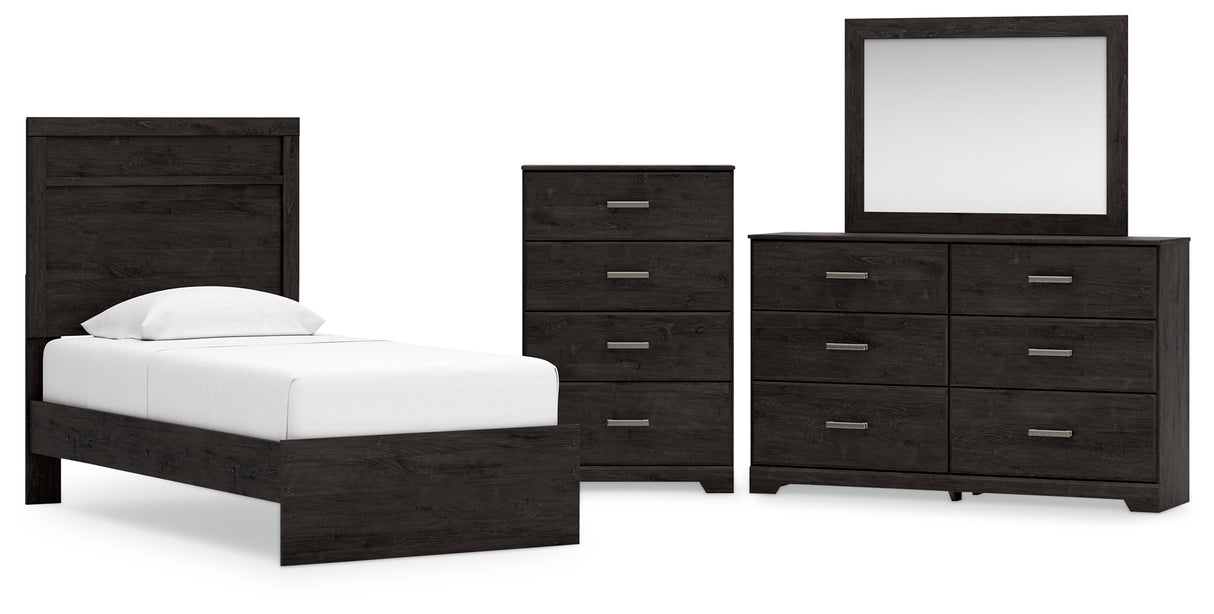 Belachime Twin Panel Bed with Mirrored Dresser and Chest in Charcoal - PKG016001