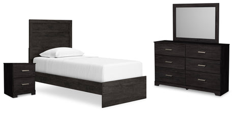 Belachime Twin Panel Bed with Mirrored Dresser and Nightstand in Charcoal - PKG016000