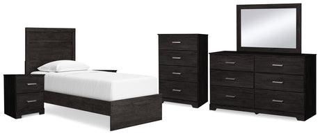 Belachime Twin Panel Bed with Mirrored Dresser, Chest and 2 Nightstands in Charcoal - PKG015999