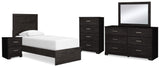 Belachime Twin Panel Bed with Mirrored Dresser, Chest and Nightstand in Charcoal - PKG016002