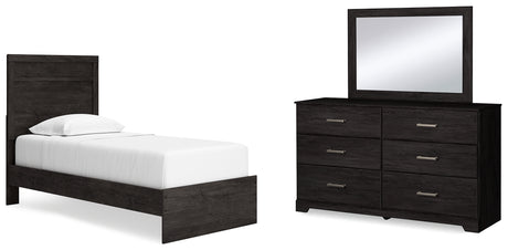 Belachime Twin Panel Bed with Mirrored Dresser in Charcoal - PKG015997