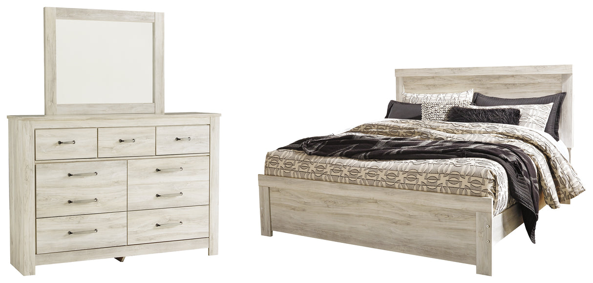 Bellaby King Panel Bed with Mirrored Dresser in Whitewash - PKG000730