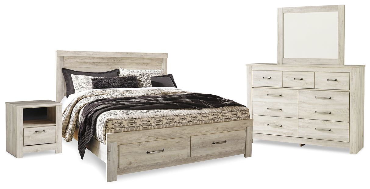 Bellaby King Platform Bed with 2 Storage Drawers with Mirrored Dresser and Nightstand in Whitewash - PKG014077