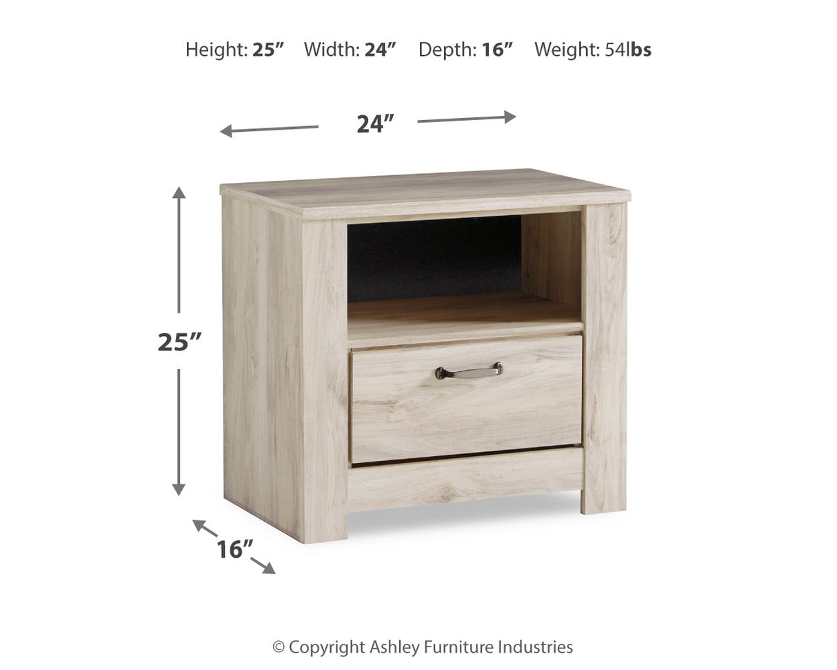 Bellaby King Platform Bed with 2 Storage Drawers with Mirrored Dresser and Nightstand in Whitewash - PKG014077