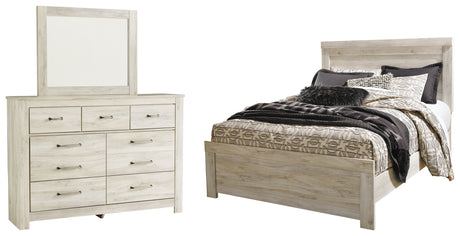 Bellaby Queen Panel Bed with Mirrored Dresser in Whitewash - PKG000729