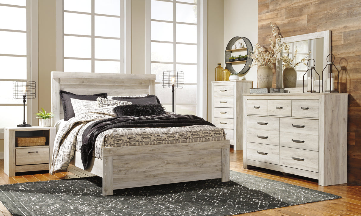 Bellaby Queen Panel Bed with Mirrored Dresser in Whitewash - PKG000729