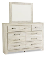 Bellaby Queen Panel Headboard Bed with Mirrored Dresser, Chest and 2 Nightstands in Whitewash - PKG004644