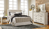 Bellaby Queen Panel Headboard Bed with Mirrored Dresser, Chest and 2 Nightstands in Whitewash - PKG004644