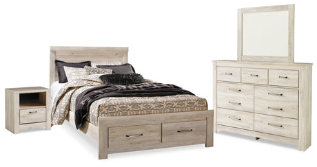 Bellaby Queen Platform Bed with 2 Storage Drawers with Mirrored Dresser and Nightstand in Whitewash - PKG014075