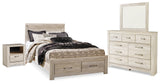 Bellaby Queen Platform Bed with 2 Storage Drawers with Mirrored Dresser and Nightstand in Whitewash from Ashley - Luna Furniture