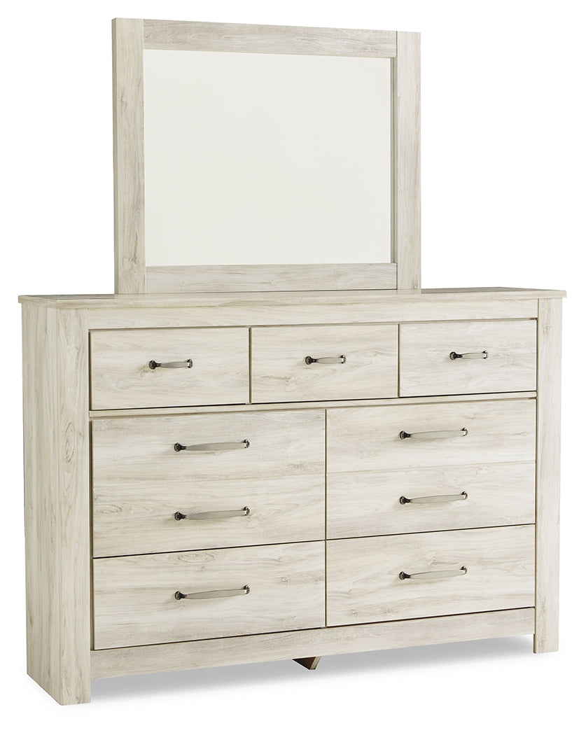 Bellaby Queen Platform Bed with 2 Storage Drawers with Mirrored Dresser and Nightstand in Whitewash - PKG014075