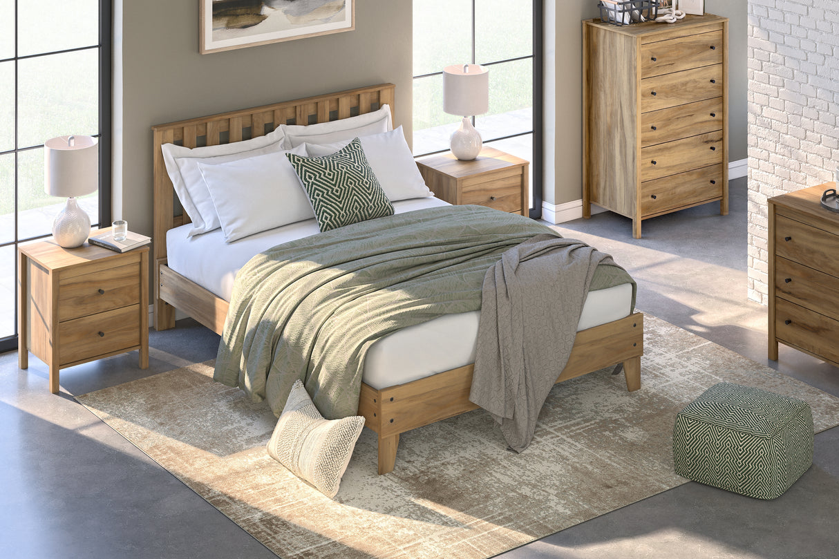 Bermacy Full Platform Bed with Dresser, Chest and 2 Nightstands in Light Brown - PKG017159