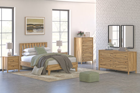 Bermacy Full Platform Bed with Dresser, Chest and 2 Nightstands in Light Brown - PKG017159