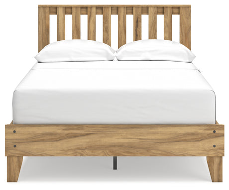 Bermacy Full Platform Panel Bed with Dresser, Chest and 2 Nightstands in Light Brown - PKG017166