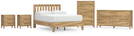 Bermacy Full Platform Panel Bed with Dresser, Chest and 2 Nightstands in Light Brown - PKG017166