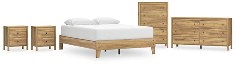 Bermacy Queen Platform Bed with Dresser, Chest and 2 Nightstands in Light Brown - PKG017250