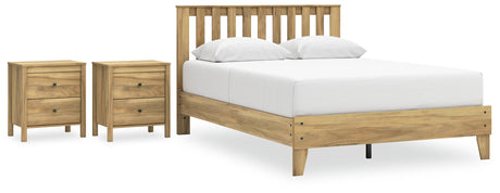 Bermacy Queen Platform Panel Bed with 2 Nightstands in Light Brown - PKG017256