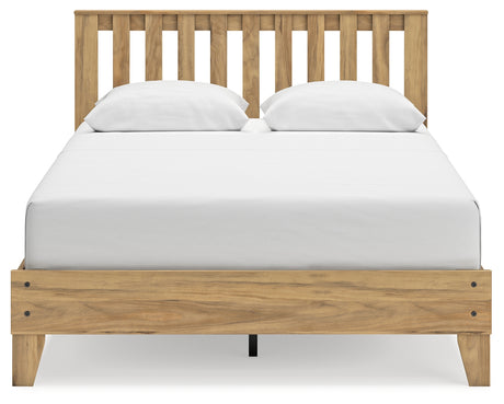 Bermacy Queen Platform Panel Bed with Dresser and 2 Nightstands in Light Brown - PKG017255