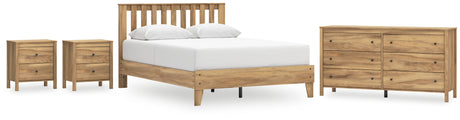 Bermacy Queen Platform Panel Bed with Dresser and 2 Nightstands in Light Brown - PKG017255