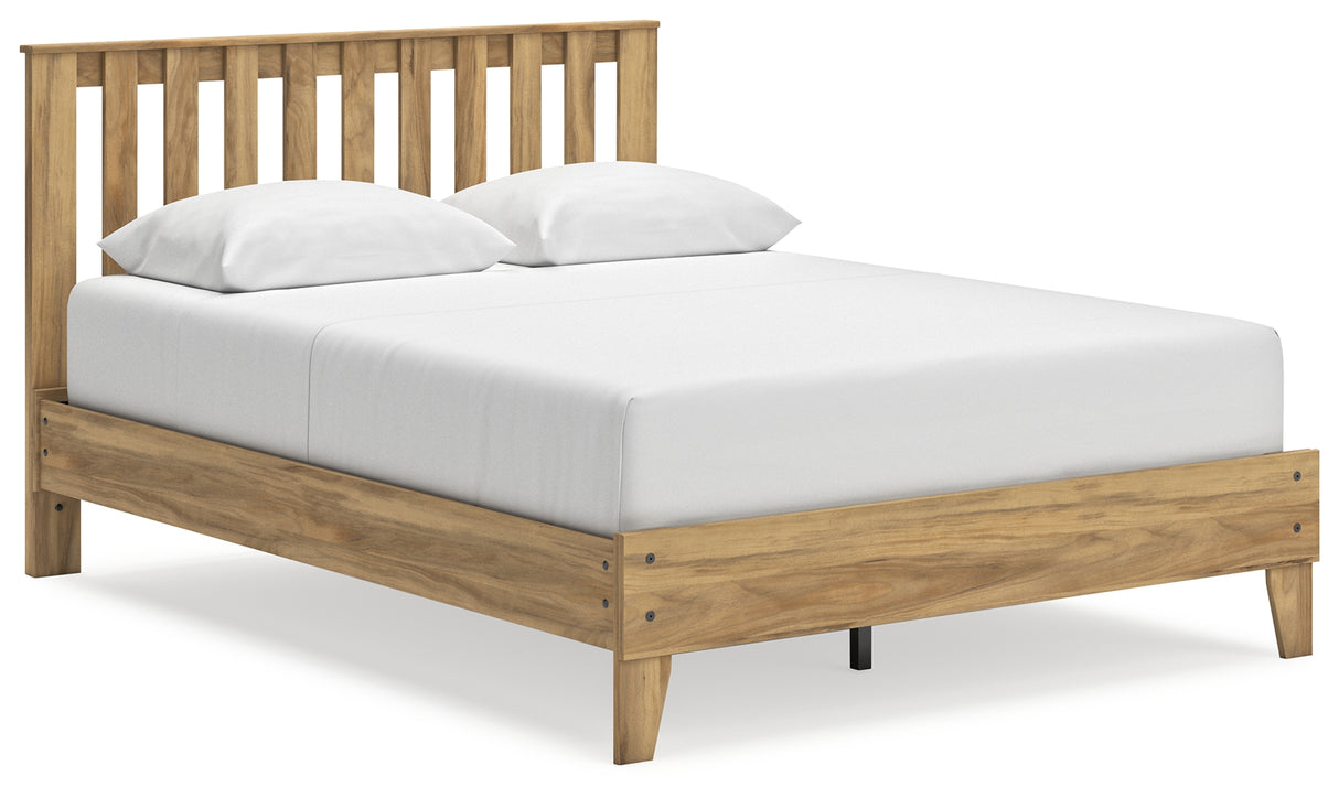 Bermacy Queen Platform Panel Bed with Dresser and 2 Nightstands in Light Brown - PKG017255