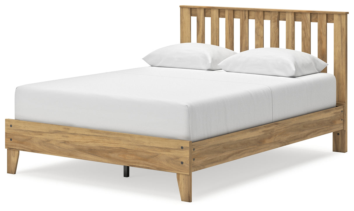 Bermacy Queen Platform Panel Bed with Dresser and 2 Nightstands in Light Brown - PKG017255