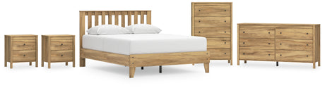 Bermacy Queen Platform Panel Bed with Dresser, Chest and 2 Nightstands in Light Brown - PKG017257