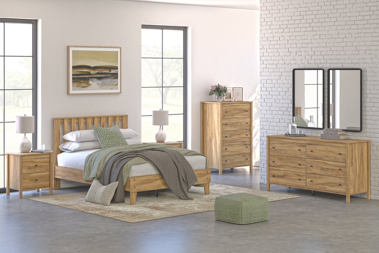 Bermacy Queen Platform Panel Bed with Dresser, Chest and Nightstand in Light Brown - PKG017260