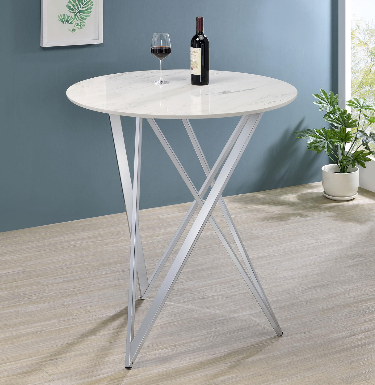 Bexter Faux Marble Round Top Bar Table White and Chrome from Coaster - Luna Furniture