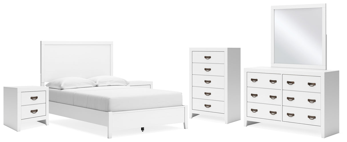 Binterglen Full Panel Bed with Mirrored Dresser, Chest and 2 Nightstands in White - PKG016610