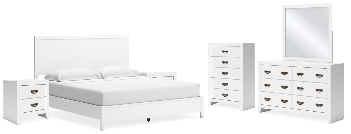 Binterglen King Panel Bed with Mirrored Dresser, Chest and 2 Nightstands in White from Ashley - Luna Furniture