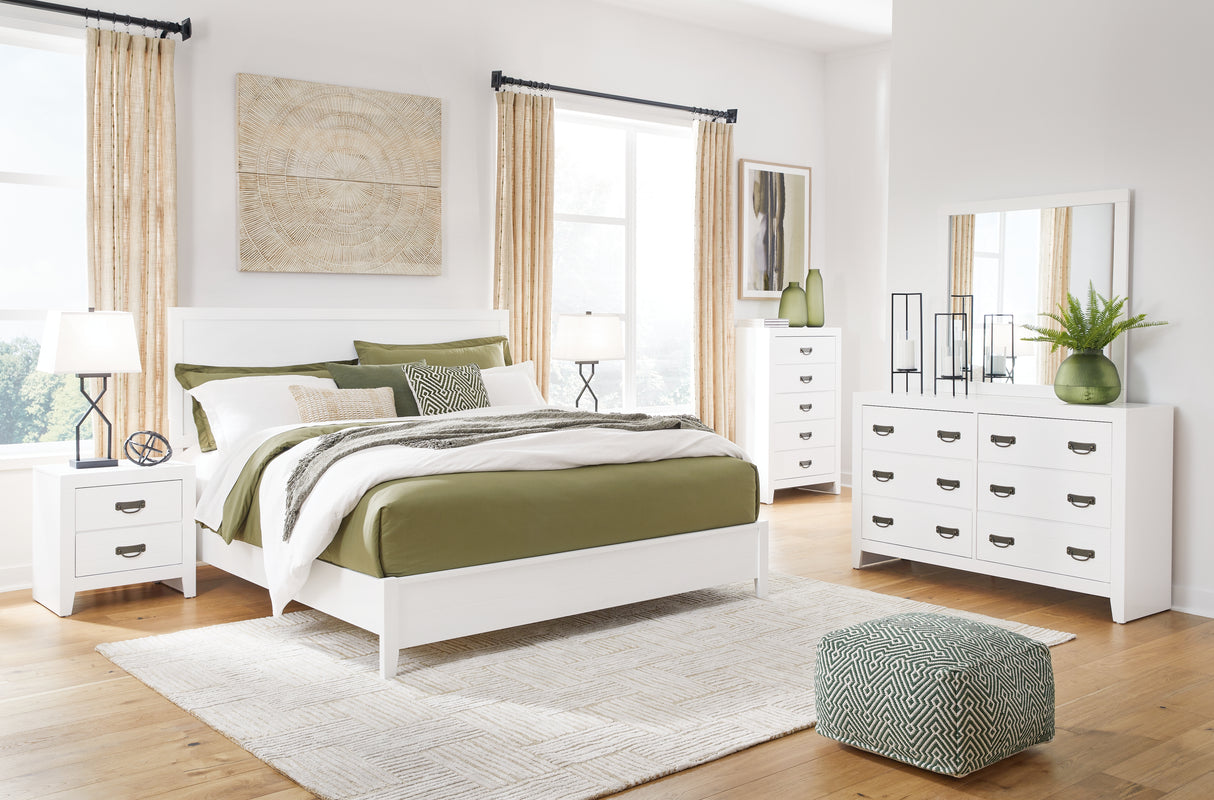 Binterglen King Panel Bed with Mirrored Dresser, Chest and 2 Nightstands in White from Ashley - Luna Furniture