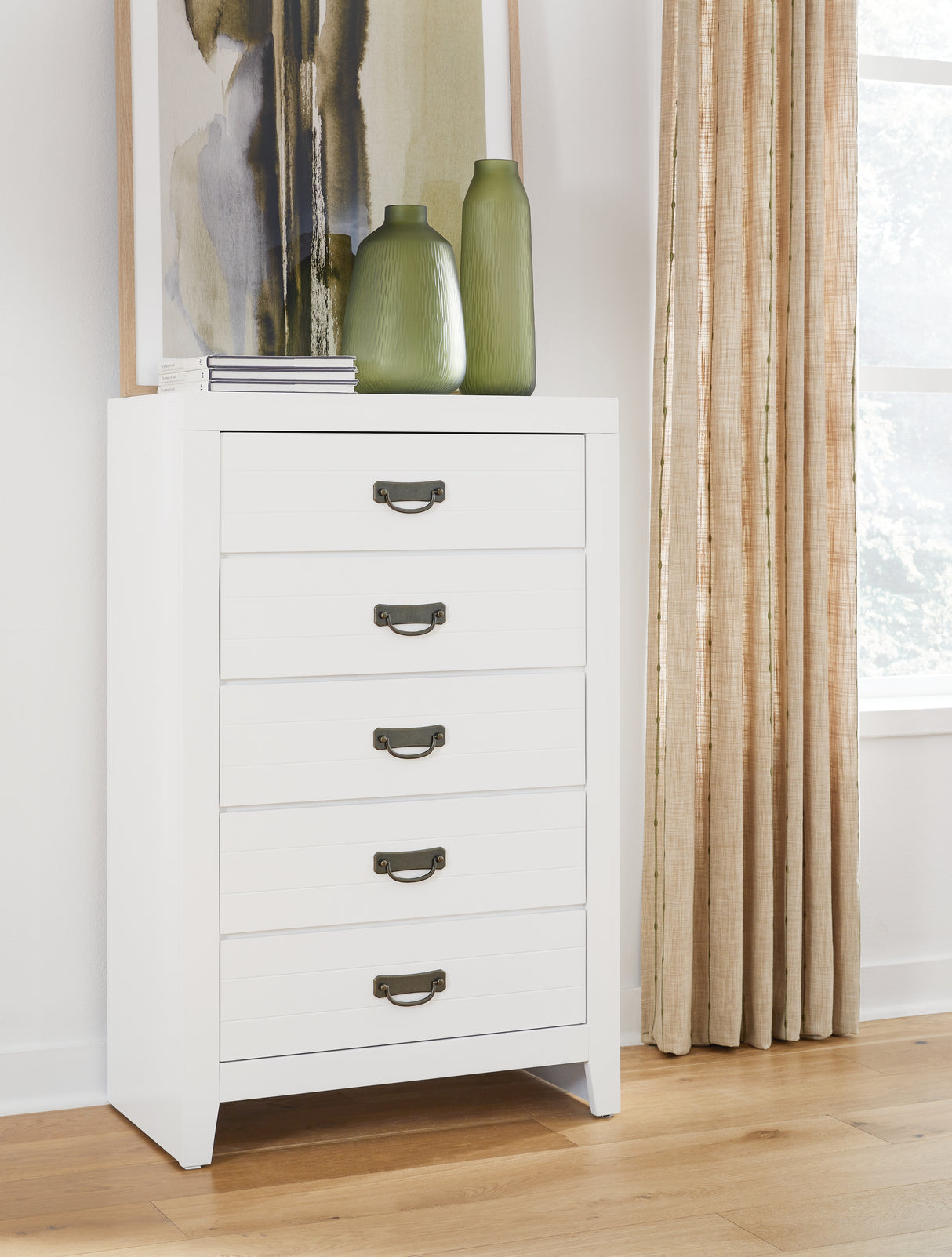 Binterglen King Panel Bed with Mirrored Dresser, Chest and 2 Nightstands in White from Ashley - Luna Furniture