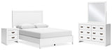 Binterglen Queen Panel Bed with Mirrored Dresser and Nightstand in White - PKG016703