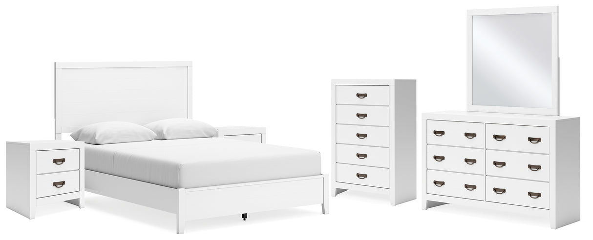 Binterglen Queen Panel Bed with Mirrored Dresser, Chest and 2 Nightstands in White - PKG016702