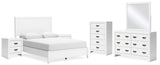 Binterglen Queen Panel Bed with Mirrored Dresser, Chest and 2 Nightstands in White - PKG016702