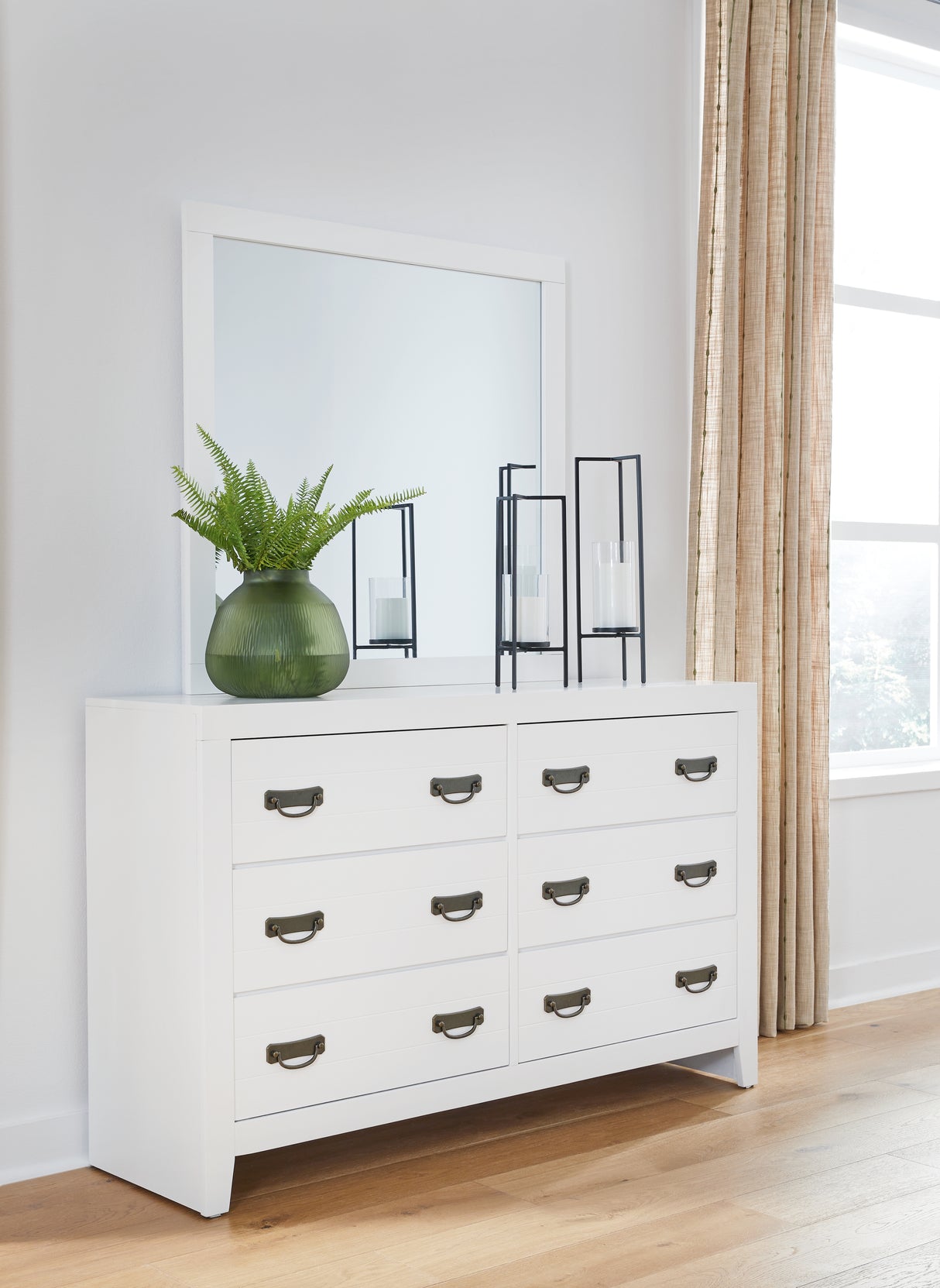 Binterglen Twin Panel Bed with Mirrored Dresser and 2 Nightstands in White from Ashley - Luna Furniture