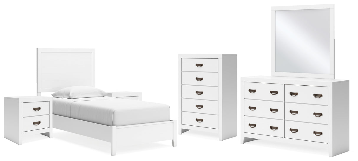 Binterglen Twin Panel Bed with Mirrored Dresser, Chest and 2 Nightstands in White from Ashley - Luna Furniture