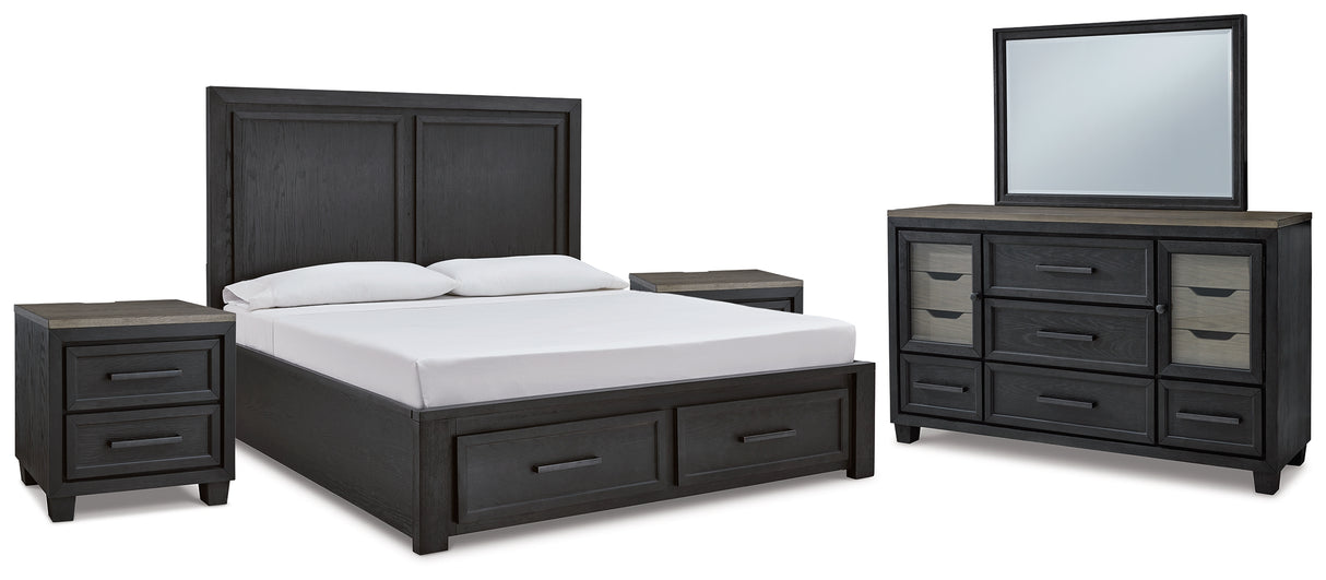 Foyland California King Panel Storage Bed with Mirrored Dresser and 2 Nightstands in Black/Brown from Ashley - Luna Furniture