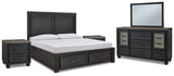 Foyland California King Panel Storage Bed with Mirrored Dresser and 2 Nightstands in Black/Brown from Ashley - Luna Furniture