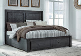 Foyland California King Panel Storage Bed with Mirrored Dresser and 2 Nightstands in Black/Brown from Ashley - Luna Furniture