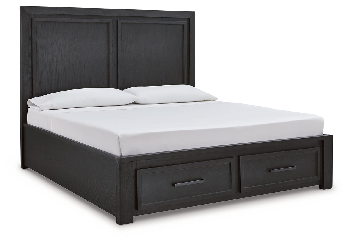 Foyland California King Panel Storage Bed with Mirrored Dresser and 2 Nightstands in Black/Brown from Ashley - Luna Furniture