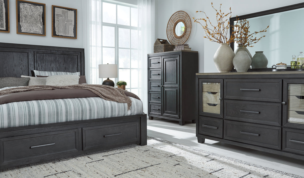 Foyland California King Panel Storage Bed with Mirrored Dresser and Chest in Black/Brown from Ashley - Luna Furniture