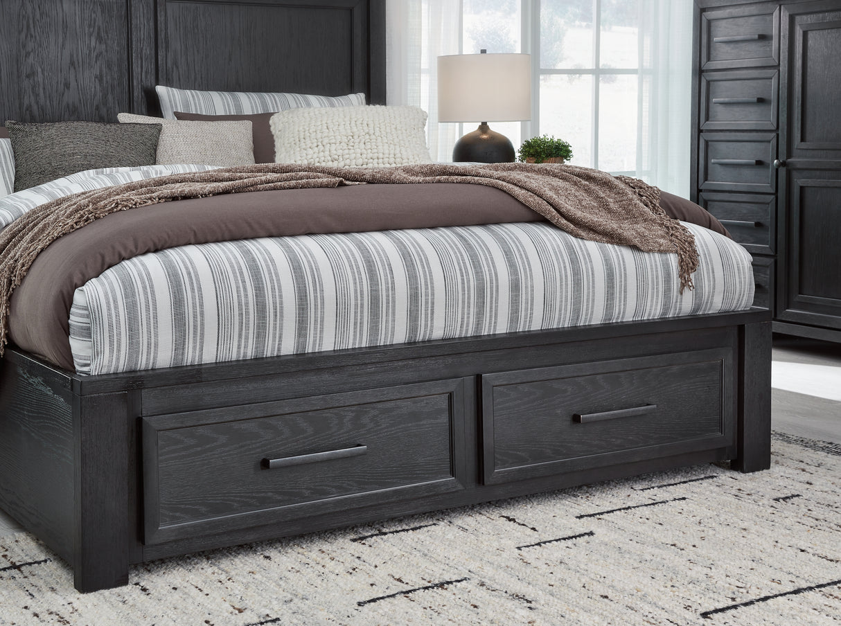 Foyland California King Panel Storage Bed with Mirrored Dresser and Chest in Black/Brown from Ashley - Luna Furniture