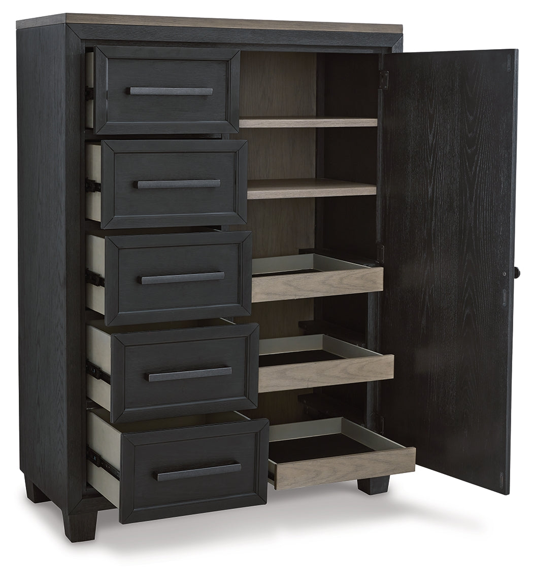 Foyland California King Panel Storage Bed with Mirrored Dresser, Chest and 2 Nightstands in Black/Brown from Ashley - Luna Furniture