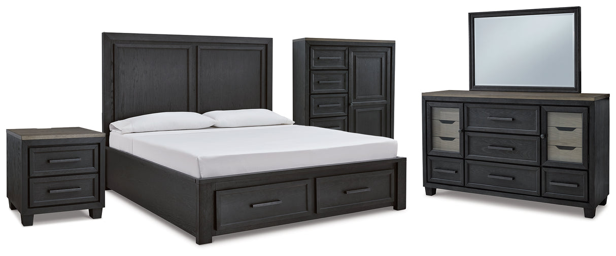 Foyland California King Panel Storage Bed with Mirrored Dresser, Chest and Nightstand in Black/Brown from Ashley - Luna Furniture