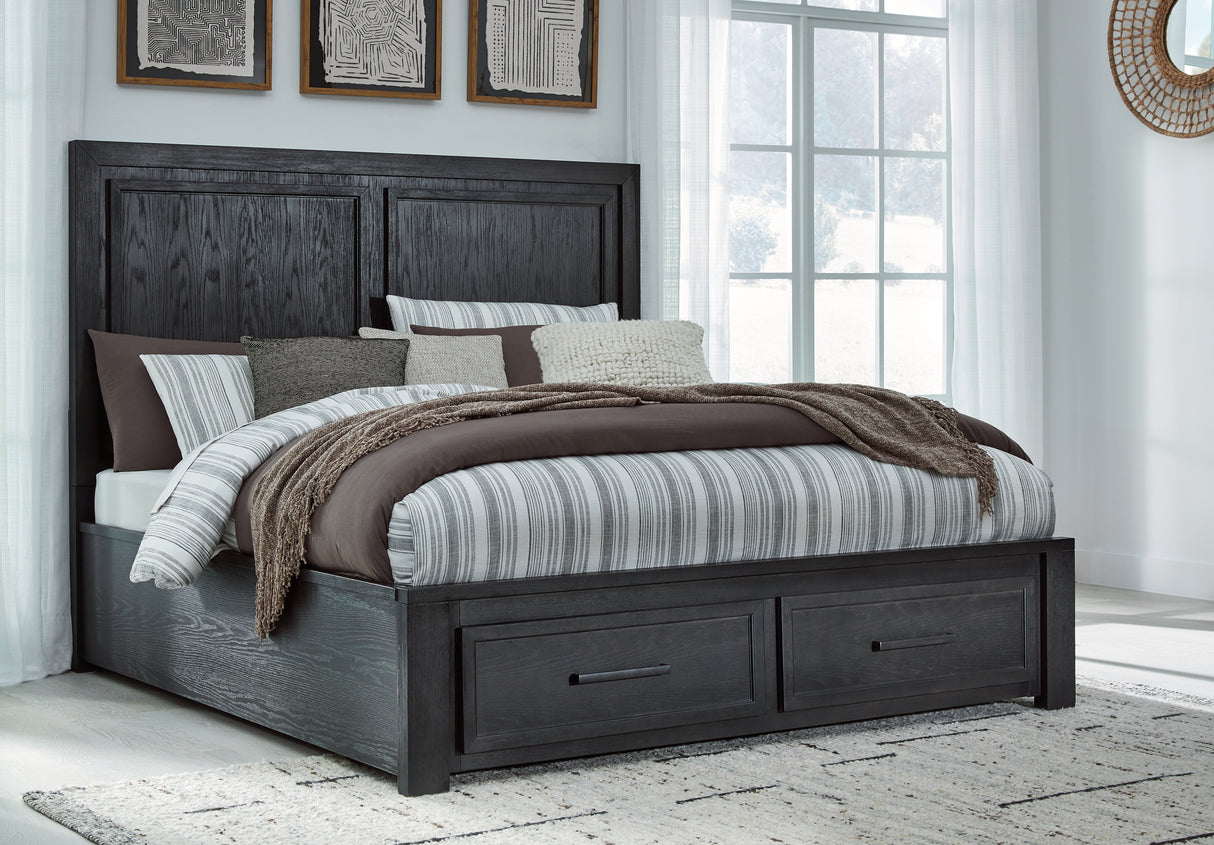 Foyland California King Panel Storage Bed with Mirrored Dresser, Chest and Nightstand in Black/Brown from Ashley - Luna Furniture